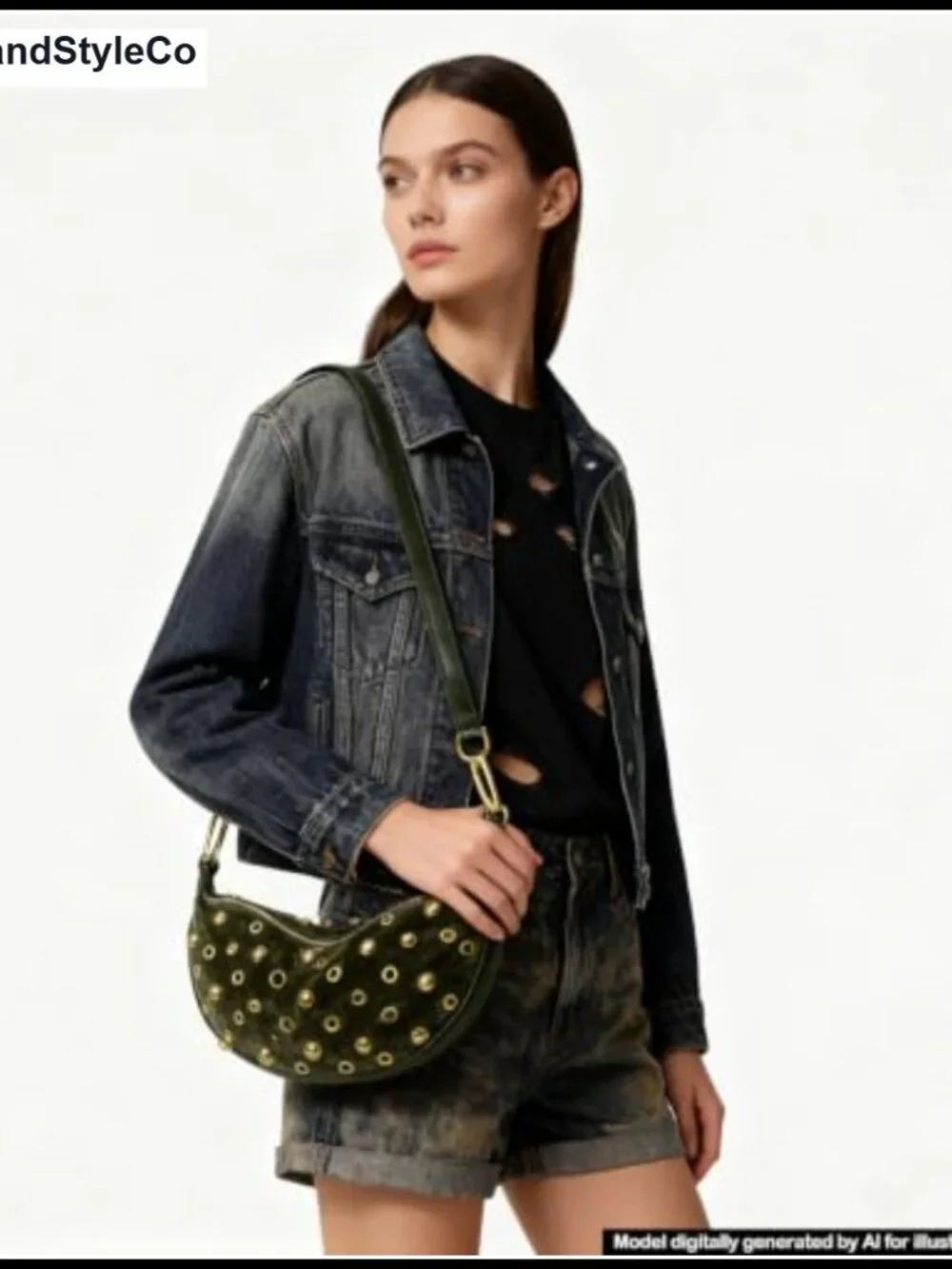 Faux Suede Studded Hobo Shoulder Bag Adjustable Strap Crescent Purse